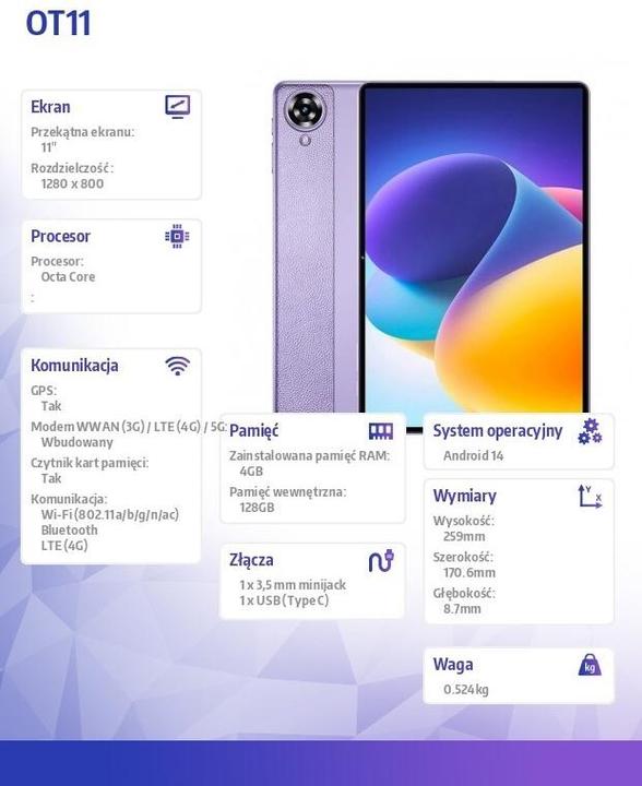 Produktbild Oukitel Tablet OT11 11 4/128 GB 8000 mAh 2K (11", 128 GB, Purple)