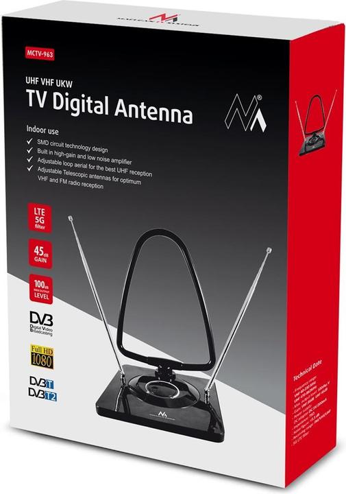 Actual product image Maclean MCTV-963 MCTV-963 vidaus antena (Indoor antenna, 45 dB, DVB-T / -T2, DVB-S / -S2, LTE, UKW / MW / LW)