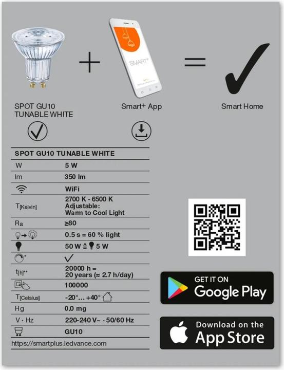 Image du produit Ledvance Smart+ Wifi Spot (GU10, 5 W, 350 lm, 1 x, G)