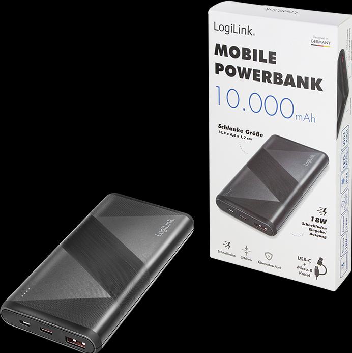 Actual product image LogiLink Mobile auxiliary battery, 10,000 mAh, 2x USB, black Portable auxiliary battery for smartphones & (10000 mAh, 18 W, 37 Wh)