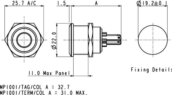Actual product image Bulgin Switch,PB,vandal res,dot red,LED,IP66