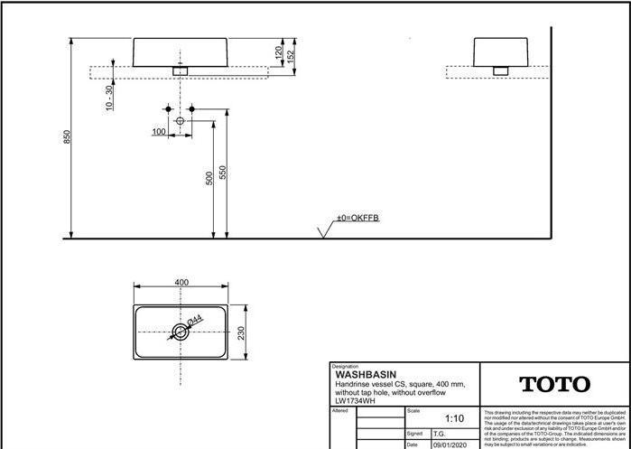 Immagine prodotto TOTO CS Lavabo da appoggio 400 angolare senza foro per rubinetto e troppopieno bianco (230 mm, 400 mm)