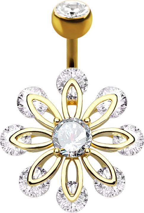 Produktbild Star Piercing Banane 14k vergoldet mit Kugel Kristall silber acht Blüttenblätter (Messing, Chirurgenstahl 316L)