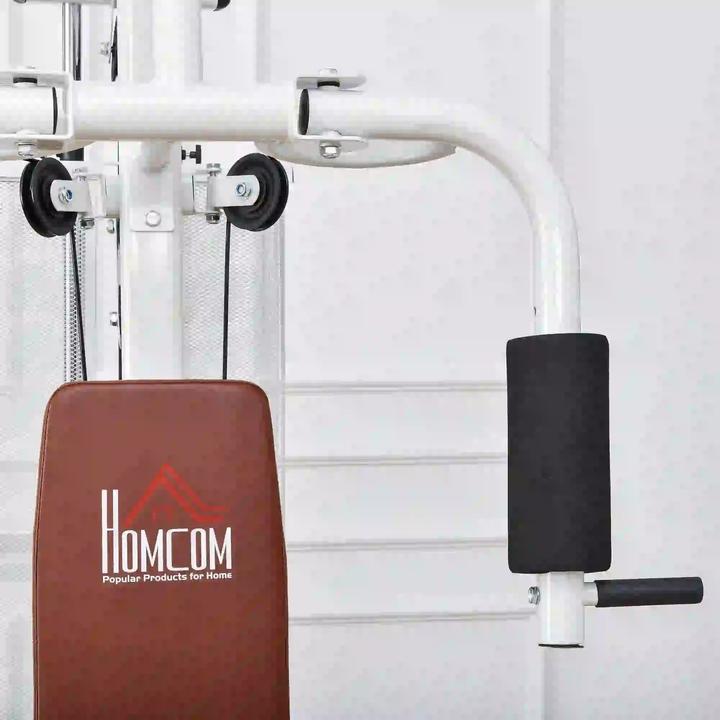 Produktbild Homcom Gym Kraftstation Multigym Fitnessgerät inkl. Gewichten Metall PU-Kunstleder Weiss 150x110x210cm