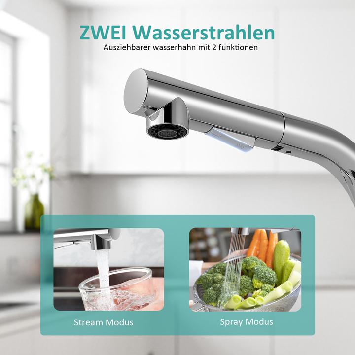 Produktbild Emke Küchenarmatur mit Ausziehbare Brause 2 Strahlarten Spültischarmatur, 60cm Schlauch, Chrom