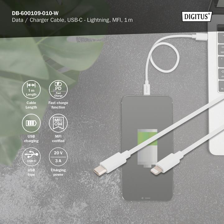 Actual product image Digitus Data / Charger Cable, USB-C - Lightning, MFI (1 m, USB 2.0)