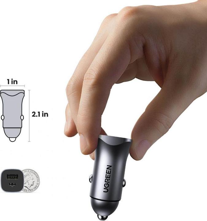 Image du produit Ugreen CD130 Car Charger, USB-A+PD 3.0, USB-C, QC3.0 30W (Grey)
