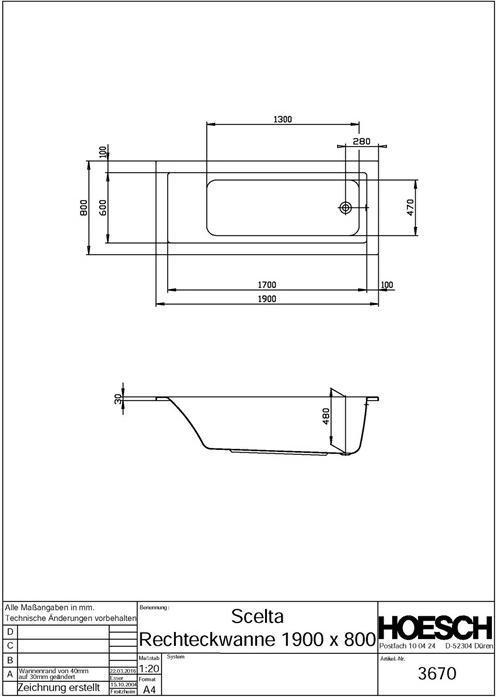 Produktbild Hoesch Badewanne SCELTA 1900x800x480mm we (205 l, 190 cm, 80 cm)