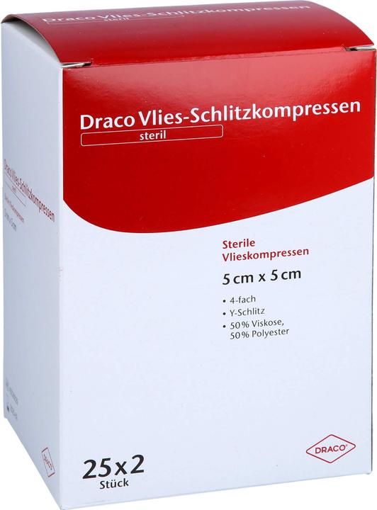 Actual product image Dracco SLIT COMPRESSE non-woven 5x5cm 4-fold sterile Ausbütte, 50 pcs. compresses