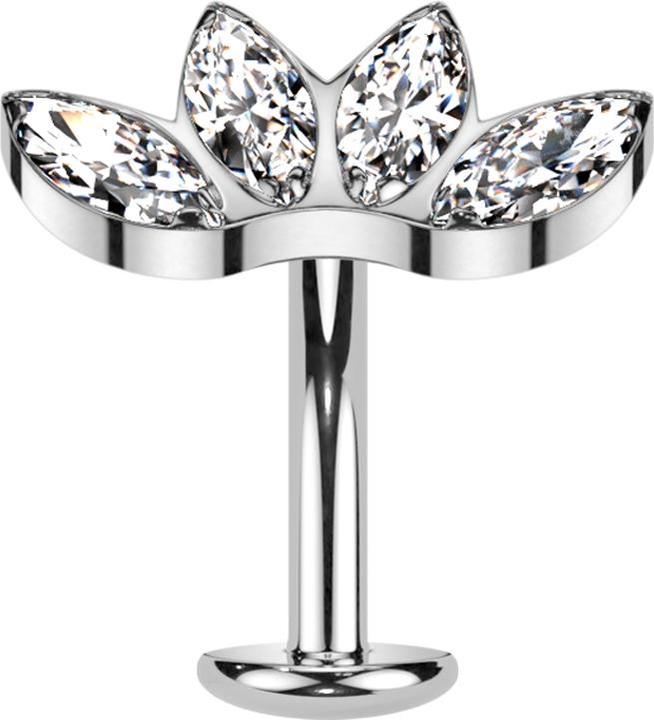 Star Piercing Threadless Labret-Stab Banane silber Fächer silber mit vier Kristallen silber (Titan G23)