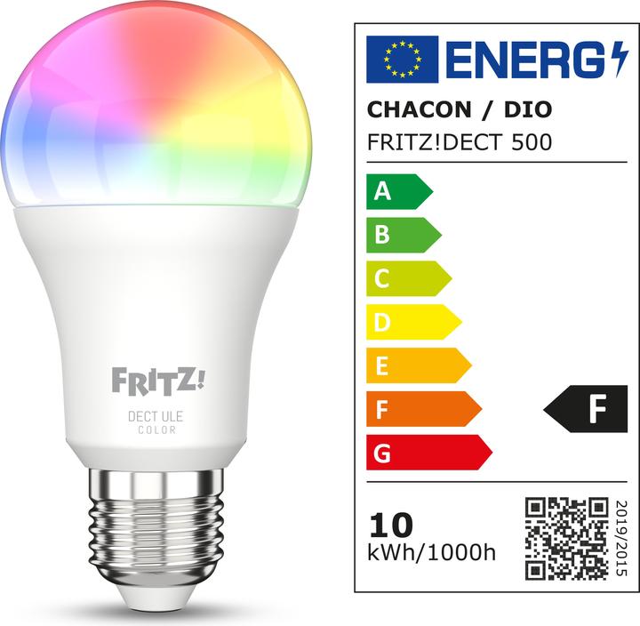 Label énergétique AVM Sources lumineuses FRITZ!DECT 500 International (E27, 9.40 W, 806 lm, 1 x, F)