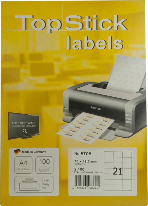 Produktbild TopStick TOP STICK Universal-Etiketten, 70 x 42,3 mm, weiá, 100 Blatt
