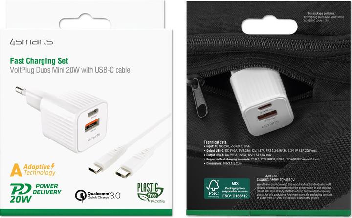 Produktbild 4smarts Netzladegerät VoltPlug Duos Mini PD 20W und USB-C Kabel 1,5m weiss (20 W)