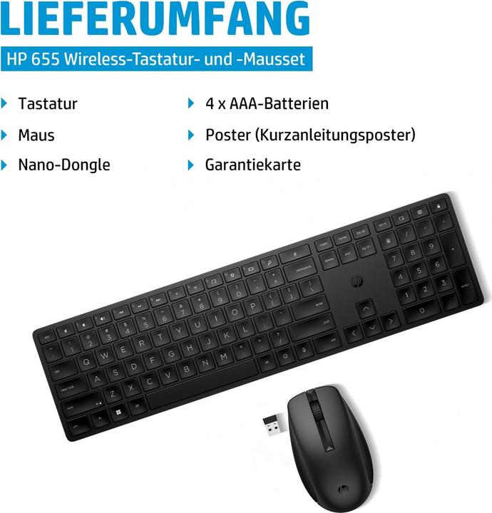 Produktbild HP und Maus Inc. Set für kabellose Tastatur und Maus 655 4R009AA (DE, Kabellos)
