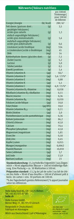 Nährwerte und Zutaten Holle Bio 3 (460 g, ab 10 Monaten)