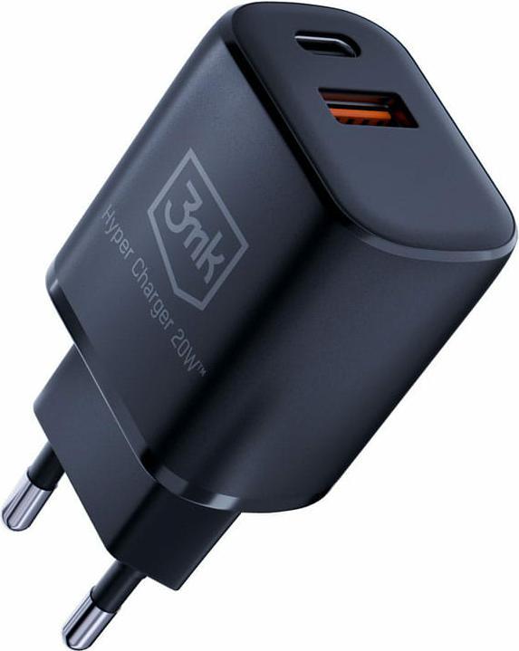 Produktbild 3MK HyperCharger 20W 1xUSB-C + 1xUSB-A ładowarka sieciowa PD/QC czarna/black (20 W)