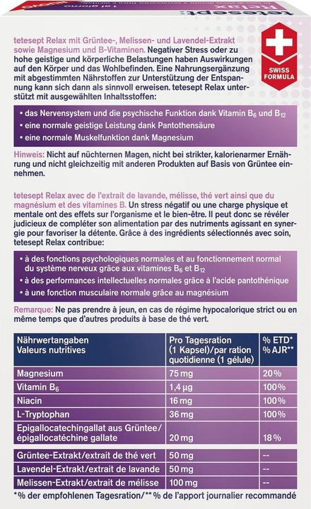 Valori nutrizionali e ingredienti Tetesept Relax (32 Pezzo/i, Pillole)
