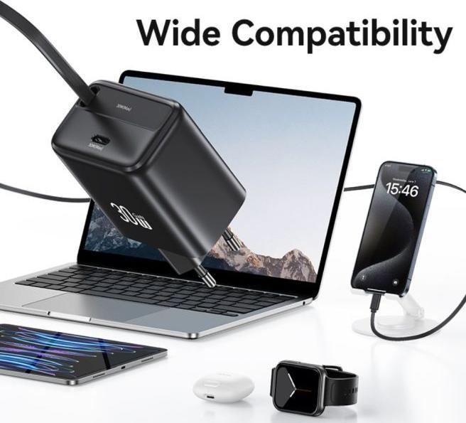 Immagine prodotto Usams Ład. siec. 1xUSB-C ze zwijanym kablem USB-C Retractable PD+QC 30W Gan Fast Charging czarny/bla (30 W)
