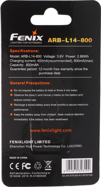 Produktbild Fenix Akku 14500 Mignon AA 3,6 Volt mit Schutzelektronik ARB-L14-800