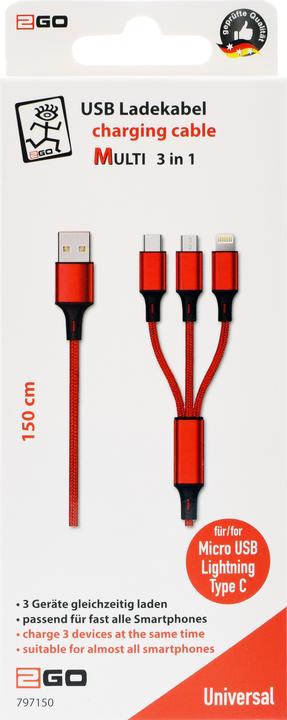 Actual product image 2GO 797150 USB Cable USB B USB C/Micro USB B/Lightning (1.50 m)