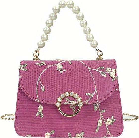 Only-Bags.Store Elegante, floral bestickte, quadratische Mini-Tasche mit Kunstperlen-Akzenten und verstellbarem