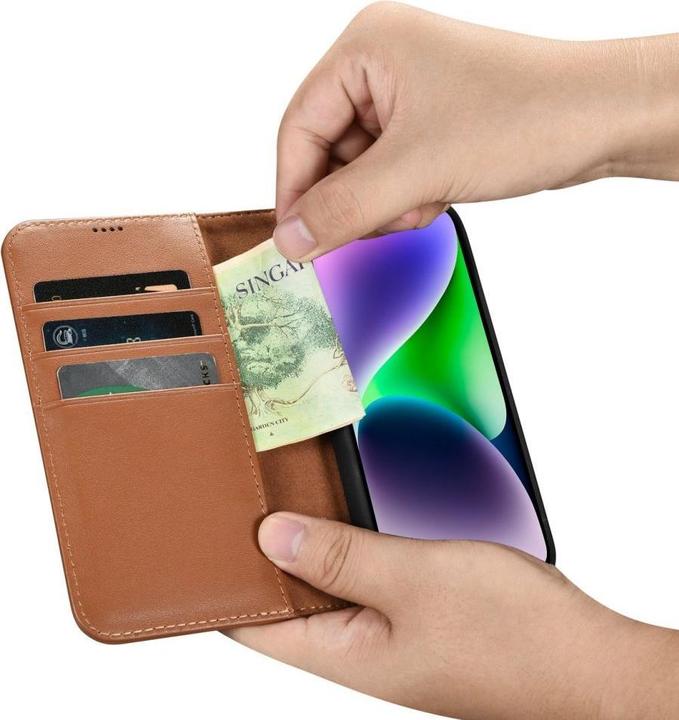 Produktbild iCarer Wallet Case 2 in1 Hülle iPhone 14 Lederhülle mit Faltung braun antiRFID (WMI14220725-BN) (Apple iPhone 14)