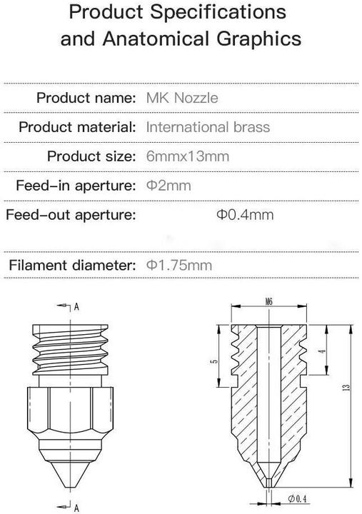 Actual product image Creality Nozzle brass MK 0.4 mm, 5 pieces (Blast pipe)