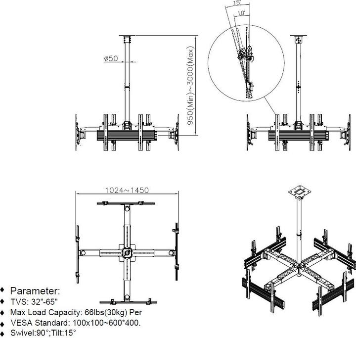 Actual product image equip Pro - Bracket - Plastic, Aluminum, Steel - Black - Screen Size: 81.3-1 (Ceiling, 65")