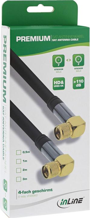 Produktbild InLine Premium SAT-Anschlusskabel 4x geschirmt 2x F-Stecker gewinkelt >110dB, schwarz 1m (110 dB, Antennenkabel)