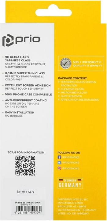 Actual product image prio Screen protector glass for iPhone SE(2022/2020)/8/7/6S/6 transparent (1 Piece, Apple iPhone 6, Apple iPhone 6s, Apple iPhone 7, Apple iPhone 8, Apple iPhone SE (2nd Gen), Apple iPhone SE (3rd Gen))