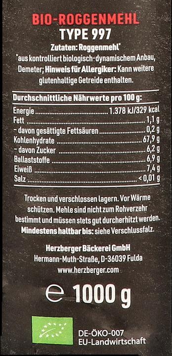 Nährwerte und Zutaten Herzberger demeter Mehl, Roggen Typ 997 (1000 g)