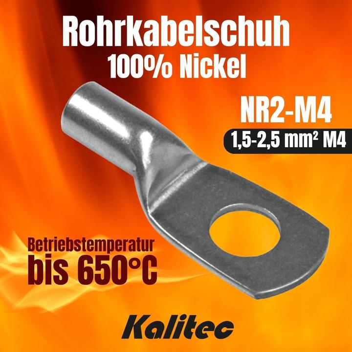 Actual product image Kalitec 10 pieces NR2-M4 tubular cable lug pure nickel 1.5-2.5mm² M4 I for very high temperatures up to