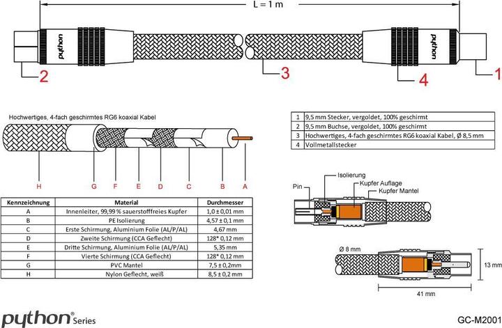 Produktbild Python SAT-Antennenkabel, IEC/Koax-Stecker auf Buchse vergoldet, Abschirmung 120 db, 75 Ohm, Nylongeflecht (120 dB, Antennenkabel)