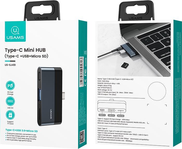 Produktbild Usams Adapter USB für uns US-SJ491 USB-C - USB + USB-C Schwarz (6958444945620) (USB-C, 3 Ports)