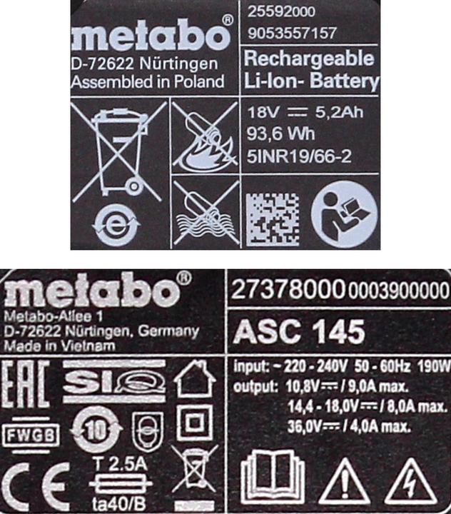 Actual product image Metabo Basic set 3x Li-Power battery pack 18 V 5.2 Ah CAS Li-Ion battery ( 3x 625028000 ) + ASC 145 (18 V)