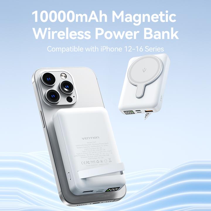 Immagine prodotto Vention 10000mAh Magnetic Wireless Power Bank (USB-C + Lightning + USB-C + USB-A +Wireless) 22.5W LED bianco (10000 mAh, 38.50 Wh)
