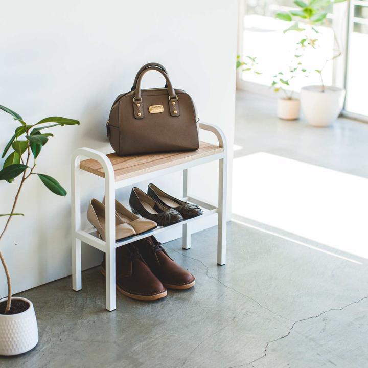 Actual product image Yamazaki shoe rack with wooden board - Tower - White (4787)