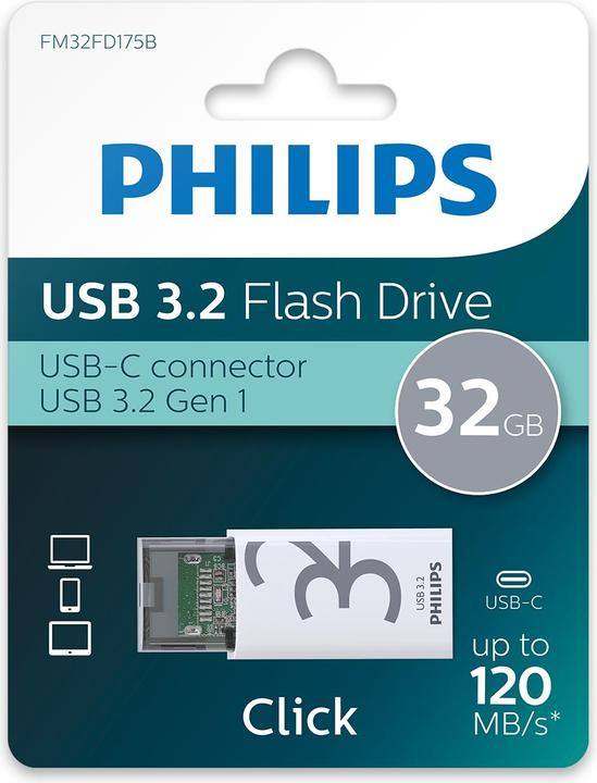 Actual product image Philips USB 3.2 32GB Click Series Gen 1 USB-C (32 GB, USB 3.2)