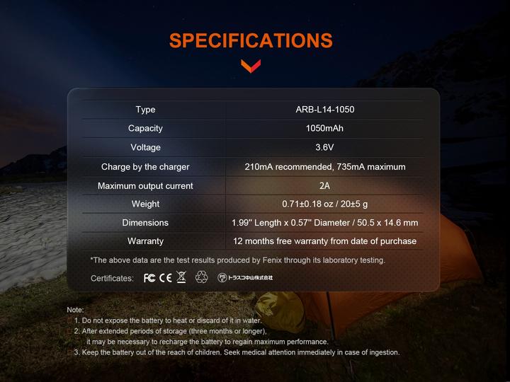 Actual product image Fenix ARB-L14-1050, 14500 Li-Ion-Akku 3.6V