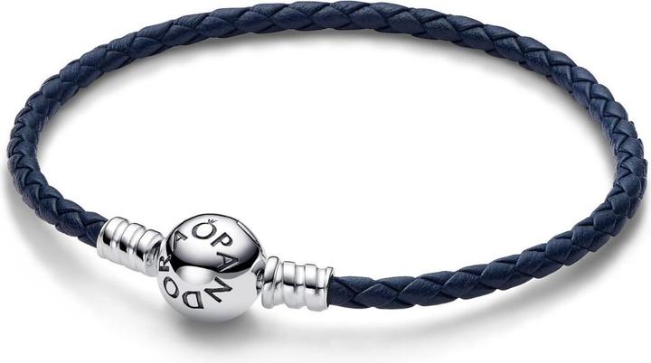 Pandora Moments Blaues Geflochtenes Lederarmband mit Kugelverschluss (20.50 cm, Silber 925, Leder)
