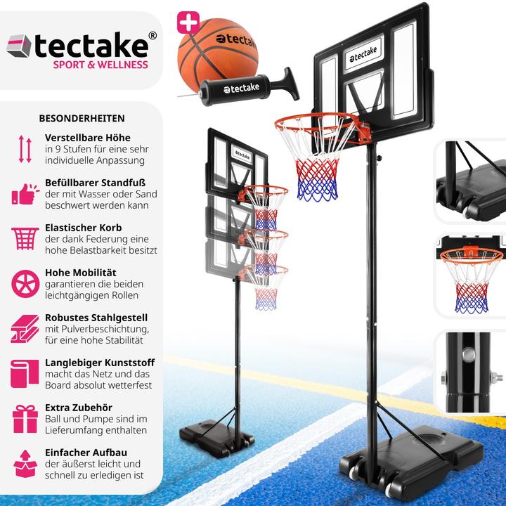 Produktbild tectake Basketballkorb Dirk, Korbhöhe 234 - 302 cm, mit Ball & Pumpe