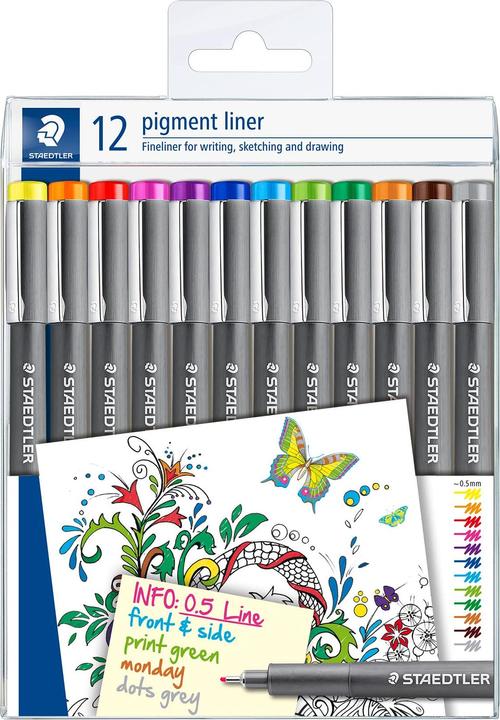 Actual product image Staedtler pigment liner 308 Fineliner box with 12 pigment liner coloured 0.5 mm, assorted (Orange, Yellow, Light brown, Fuchsia, Violet, Green, Blue, Grey, Red, Light green, Brown, Light blue, 12 x)
