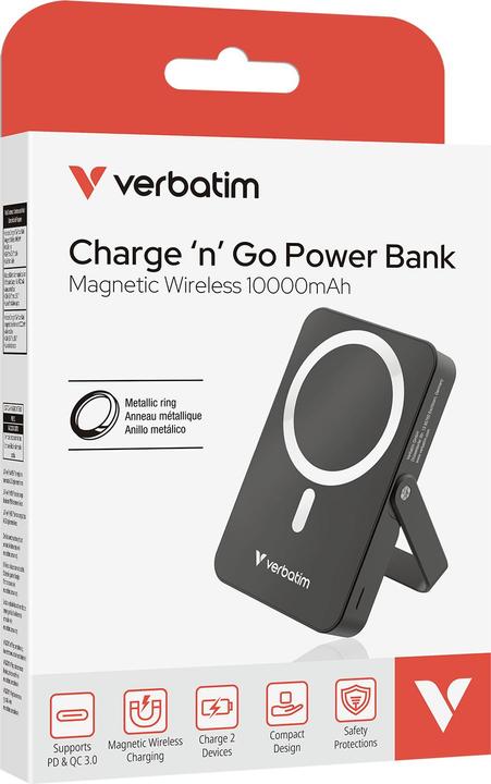 Produktbild Verbatim Charge ‘n’ Go Power Bank with Stand Magnetic Wireless 10000mAh - Black (10000 mAh, 35 W, 37000 Wh)