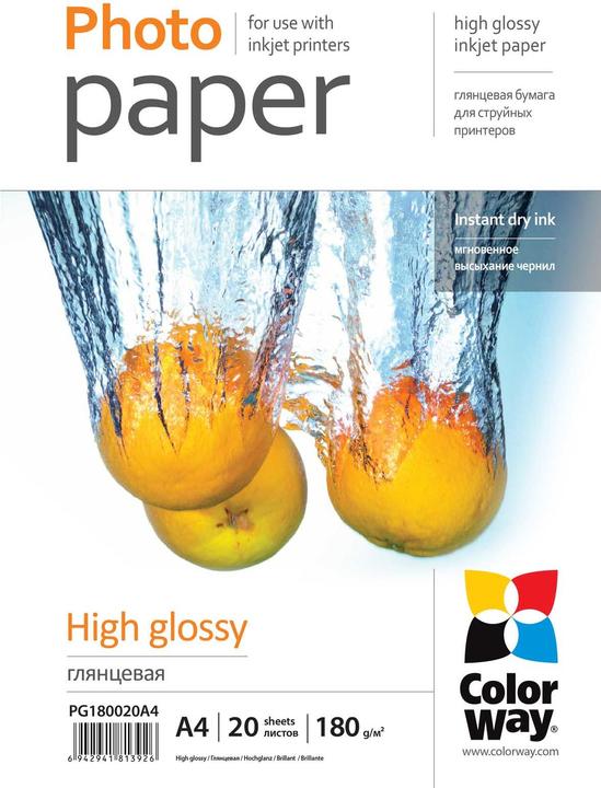 Colorway Photo Paper 20 pcs. PG180020A4 Glossy, White, A4, 180 g/m² (180 g/m², A4, 20 x)
