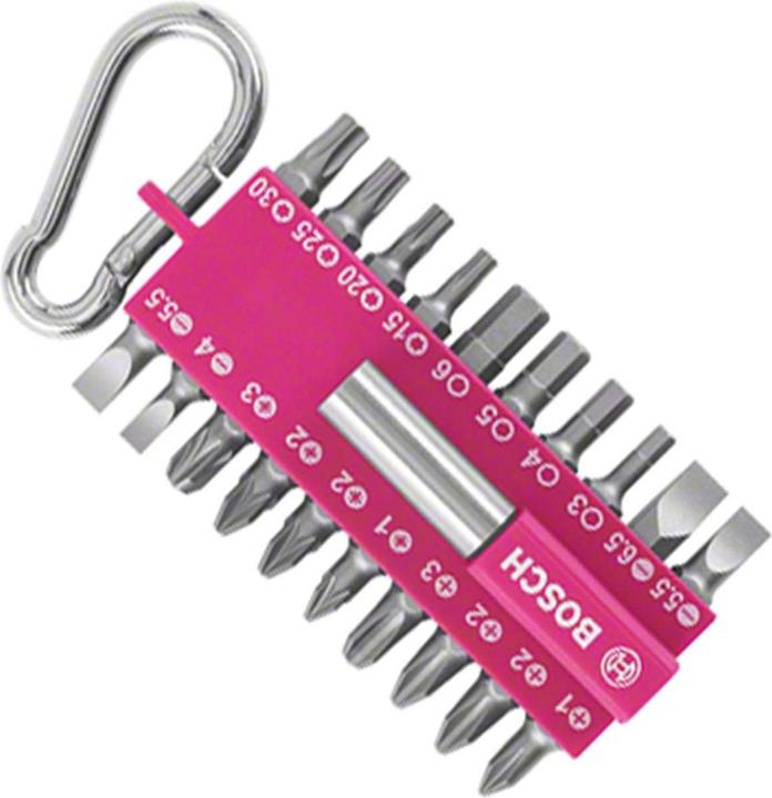 Actual product image Bosch Zubehör Screwdriver bit set with snap-hook (pink), 21 pieces (Hexagon socket TX M20, Hexagon socket TX M30, Hexagon socket TX M15, Hexagon socket TX M25, Cross Phillips PH M1, Cross Phillips PH M2, Cross Pozidriv PZ M1, Cross Pozidriv PZ M2, Cross Phillips PH M3, Cross Pozidriv PZ M3)