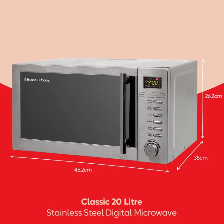 Immagine prodotto Russell Hobbs RHM2031 – 20-Liter-Digitale Mikrowelle mit Grill, Edelstahl (Spina CH, 20 l)