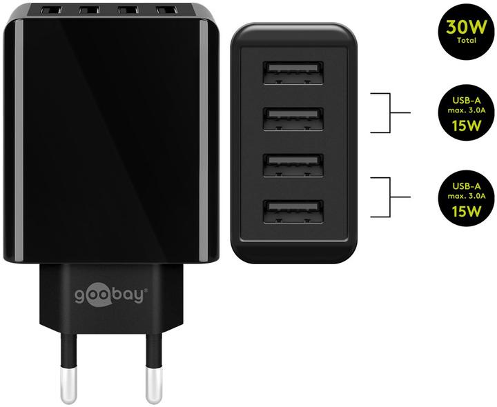 Actual product image Goobay 4-fold USB charger, multiple USB charger, 30W, charges up to 4 devices simultaneously, black (30 W)
