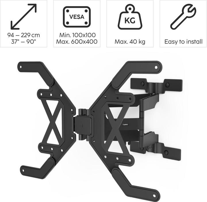 Actual product image Hama TV wall mount, swivelling, tilting, extra flat, 229 cm (90") up to 40 kg (Wall, 90", 40 kg)