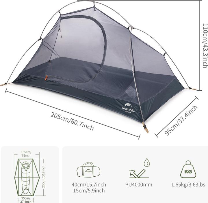 Image du produit Naturehike Cycling Ultralight 1PersonenZelt (Tente cycliste ultralégère pour 1 personne) (Tente igloo, 1.70 kg, 1 personne)