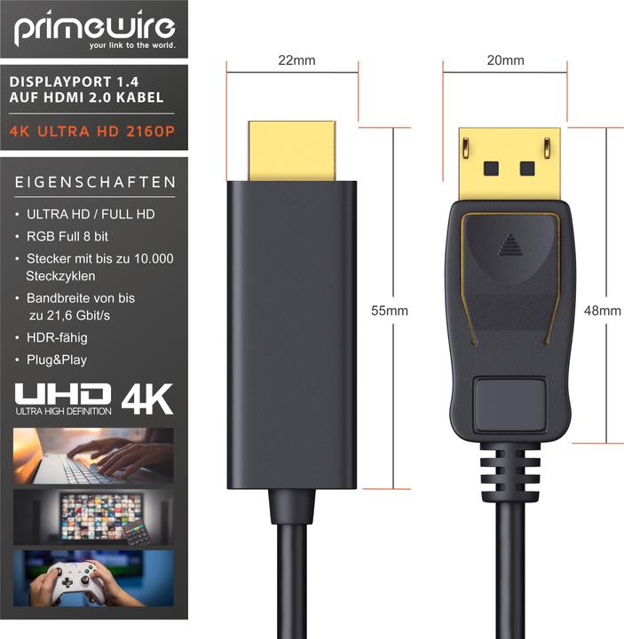 Immagine prodotto Primewire Cavo DisplayPort 4k a HDMI, cavo convertitore DP 1.4 a HDMI, cavo adattatore, UHD 2160p 4K 3840 x (3 m, DisplayPort)